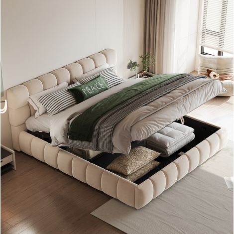 Letto a cassone adulti 140x190 cm, motivo a quadri, rete a doghe, in velluto, senza materasso, beige (1/5)