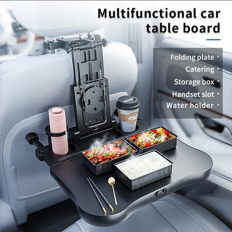 Mesa trasera para coche, diseño plegable, incluye soporte para teléfono y pinza para vasos, color negro. (1/5)