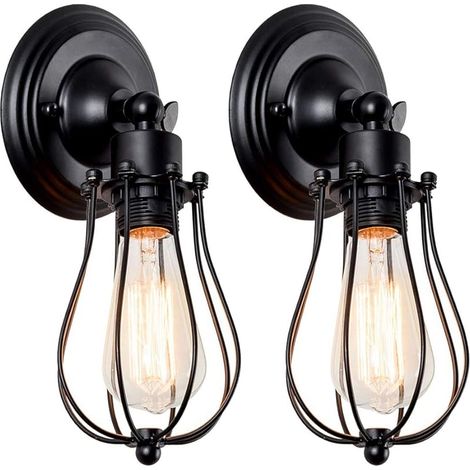 2 pack Applique Murale Industrielle E27 Lampe Murale Design Cage Rétro Applique Interieur pour Cuisine Chambre Couloir Salon (Noir)