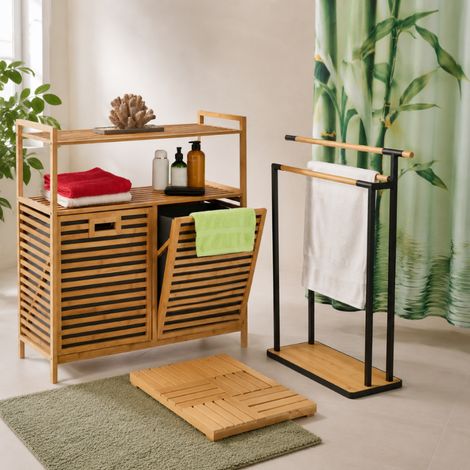 Juego de baño Bamboo Sorter (3 piezas): estante para la ropa sucia con dos compartimentos, cortina de ducha verde y toallero de dos barras (1/5)