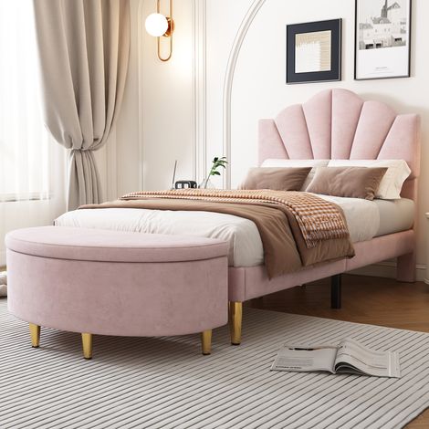 Pink Velvet Upholstered Single Bed(3ft)with Golden Legs&Wooden Slatted Frame,Plus Storage Bench