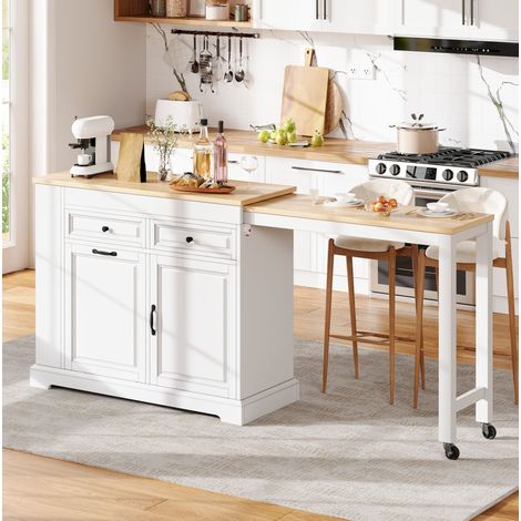 Isla de cocina 112-180x45x92 cm, encimera lateral extensible, cajones y compartimento para cubo, MDF, blanco y natural (1/5)