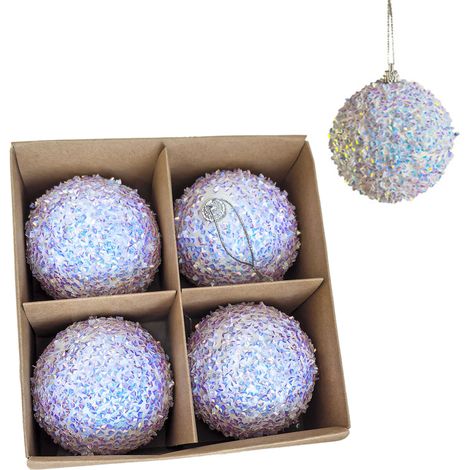 4-teiliger Weihnachtsschmuck, Glitzer- und Funkelkugel, Weihnachtsbaumanhänger, 8 cm (irisierend weiß) (1/2)