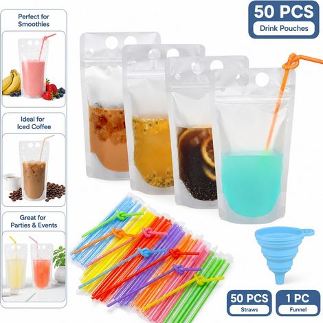 Lot de 50 sachets à boissons refermables et congelables, dimensions 5,1 × 9,1 po, avec pailles et entonnoir pour smoothies, café glacé et utilisation lors de fêtes (1/5)