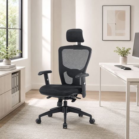 Sedia con ruote Asterio, Poltrona direzionale a rete con braccioli, Seduta ergonomica da ufficio, 68x66h120/130 cm, Nero (1/5)