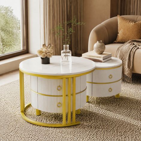 Tavolino da caffè rotondo 2 in 1 con 2 cassetti, piano effetto marmo lucido bianco e oro DESVIAE (1/5)