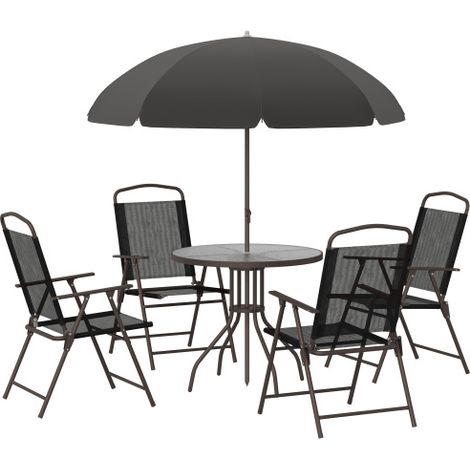 6 Piece Garden Dining Set with Umbrella, Patio Sets with Parasol with 4 Folding Dining Chairs & Round Tempered Glass Table, Black