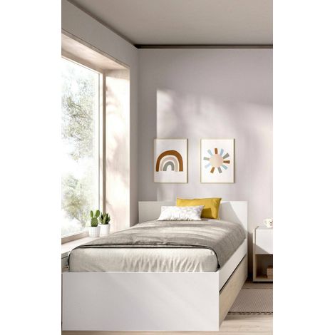 Dmora - Cama individual Pakhar, Sommier para dormitorio, Estructura de cama por habitación, Estructura del sostenedor del colchón, 96x195 h67 cm, Blanco y Roble (1/4)