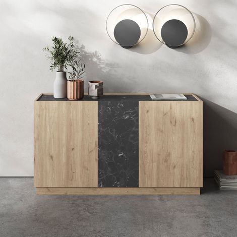Buffet 3 portes 140x40x78,5 cm effet marbre noir et chêne - LIKOU (1/5)