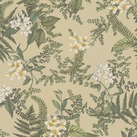 Papel pintado floral Profhome 394241 papel pintado vinílico estampado en caliente tejido non tejido ligeramente texturado con ornamentos florales mate verde blanco amarillo 5,33 m2
