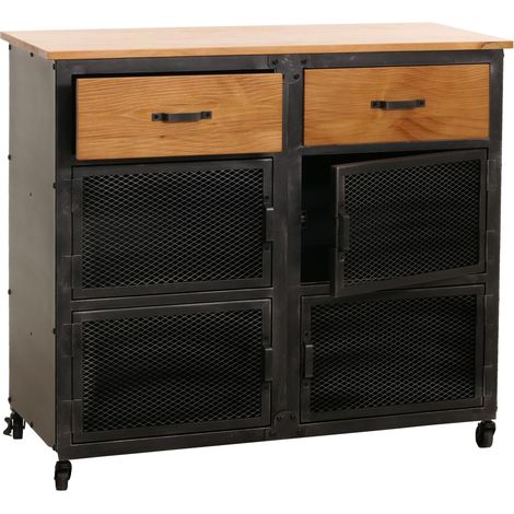 Cassettiera credenza HHG-081, con ruote 2 cassetti, 3D industriale retrò metallo legno 90x100x40cm, nero, naturale (1/5)