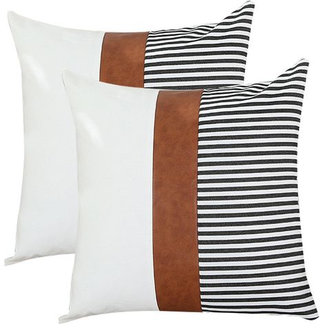 Ensemble de 2 housses de coussin décoratives en lin à rayures patchwork, style moderne, imitation cuir, noir (1/5)