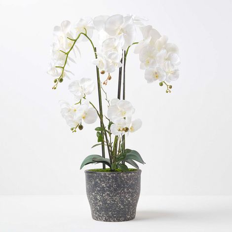 HOMESCAPES Künstliche weiße Phalaenopsis-Orchidee im dunkelgrauen Keramik-Topf, 82 cm