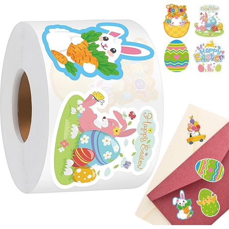 Rouleau d'Autocollants de Pâques 500 Pièces Décorations en Papier Œufs et 8 Modèles d'Autocollants Œuf Lapin Printemps Pour Enveloppe, Carnet, Anniversaire, Fête, PC (1/5)