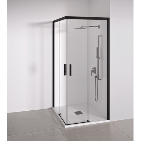 BELLOBATH - Paroi de douche d'angle 2 portes coulissantes + 2 fixes - Verre trempé - Noir mat - Largeur adaptable 67-69 x 87-89 cm - Haut 195 cm (1/5)
