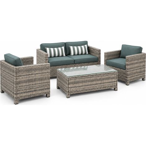 Muebles de jardín de 4 plazas en resina tejida con mesa de centro gris claro y azul AVEA (1/5)