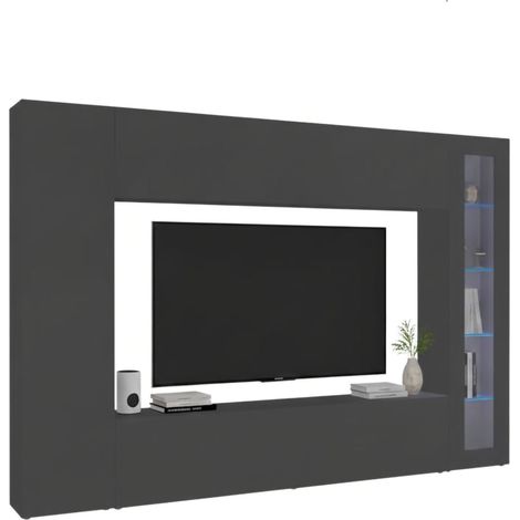 Dmora - Parete attrezzata Alatri, Set salotto porta TV, Mobile soggiorno multiuso con vetrina e luce LED, 100% Made in Italy, cm 260x30h180, Antracite