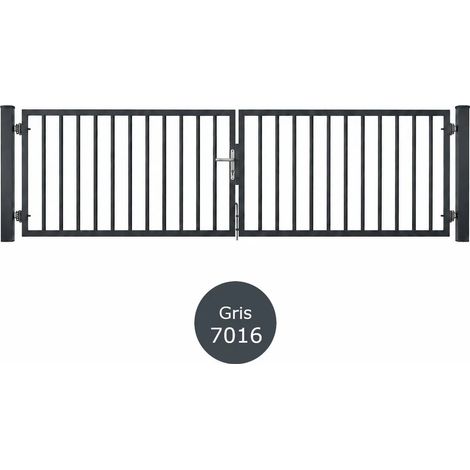 Portail battant barreaudé acier ouverture réversible H 100 x L 300 cm - gris (1/5)