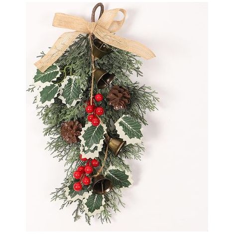 Weihnachtskranz für die Haustür, Türkranz mit Weihnachtsglocken, tropfenförmiger Winterkranz, Schleifendekoration mit roten Beeren, 40 cm/15,7 Zoll, Zubehör (1/5)