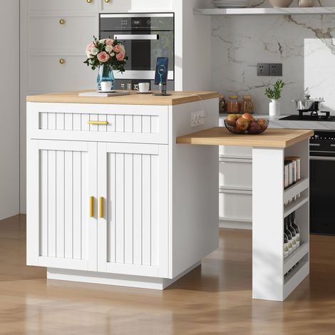 Îlot de cuisine extensible 121,5-192x70x92 cm, table de bar avec prises intégrées, 1 tiroir, 2 portes rainurées, étagères réglables, MDF/métal, blanc (1/5)
