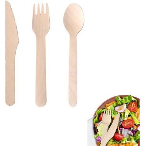 Impatiens 300 Pièces Couverts en Bois Jetables, Couverts en Bois Biodégradables, Couverts en Bois Jetables Set, Écologique, pour Camping, Barbecue (100Fourchette, 100Couteau, 100Cuillère) (1/5)