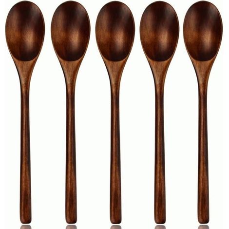 Cuillère en bois, ustensile de cuisine en bois à long manche, 5 cuillères en bois (1/4)