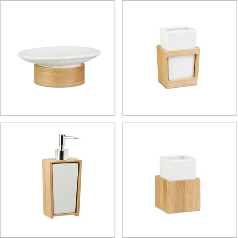 Set de 4 accesorios de baño decorativos rústicos de cerámica blanca y bambú natural 130004286 (1/5)