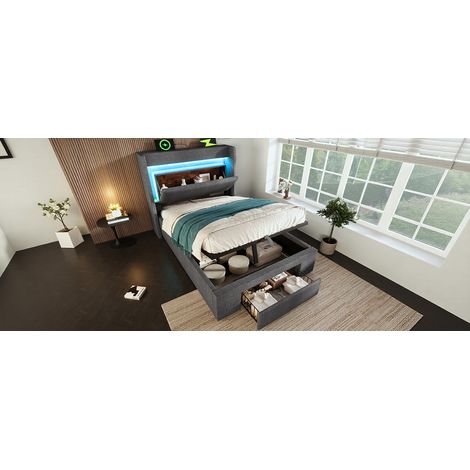 Lit double 90x200 cm. Rangement hydraulique, stockage sommet, LED, USB/USB-C, cadre bois. Gris, avec matelas. (1/5)