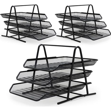Lot de 3 Trieurs Métal Noir - 3 Niveaux Coulissants - Maille Rigide - Rangement Documents A4 - Bureau et Comptoir - 30x35x28 cm (1/4)