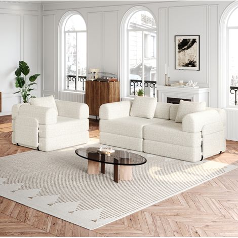 Canapé-lit 2-en-1 beige en chenille avec rangement d'accoudoir et configurations modulables (1/5)