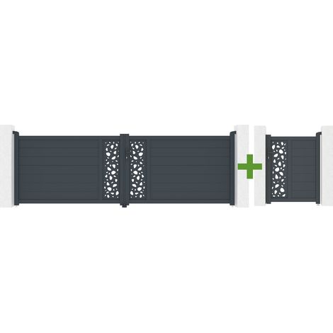 Portail battant 4m SUNNY H.120cm gris + Portillon aluminium gris 1m SUNNY H.120cm