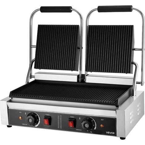 Grill Panini Commercial 3600W, Presse à Sandwichs Inox Double, Plaques Émaillées Rainurées 48x23cm, Contrôle Température, pour Steak Bacon Burger (1/5)