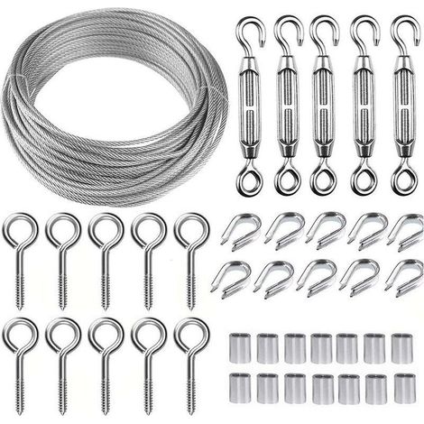 30m Stainless Steel Rope Hanging Kit, Wire Rope Kit, 2mm Coated Stainless Steel Rope, With M5 Rope Tensioner And Eye Hooks, For Climbing Plants, Raili (1/4)