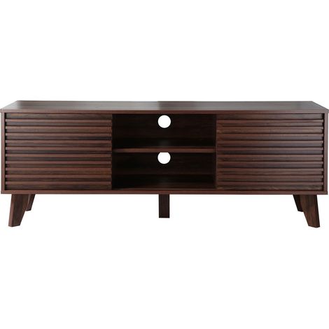 Calicosy – Meuble TV portes coulissantes effet bois noyer foncé – Largeur 39 cm – Longueur 135 cm – Hauteur 51,5 cm – 4 pieds + 1 pied central (1/5)
