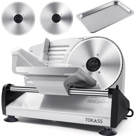 Electric Slicer 200W Silent DC Motor, 2 Removable Stainless Steel Blades 19 cm, Adjustable Thickness 0-15 mm, Multifunctional for Ham Meat Bread Cheese Vegetables (1/5)