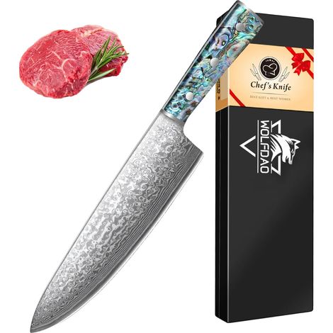 Cuchillo de chef, hoja de acero de Damasco, mango ergonómico tipo concha, 1 unidad. (1/2)