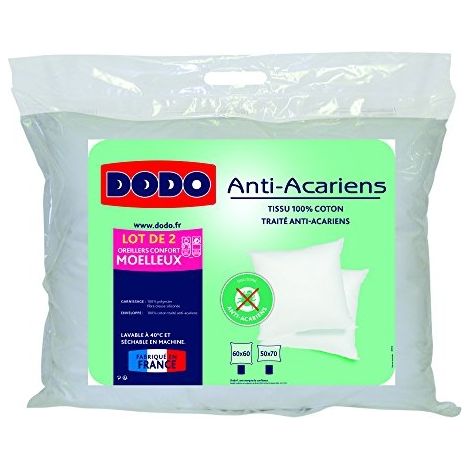 DODO LOT DE 2 OREILLERS RECTANGLES ANTI ACARIENS BLANC 50 X 70 CM