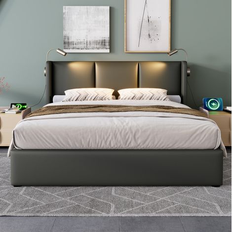Lit coffre PU gris 140x200 cm avec sommier à lattes, tête de lit avec liseuse et USB (1/5)