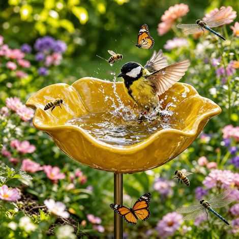 Tuteur de jardin en fleur métallique fait main avec mangeoire pour oiseaux - Bain et mangeoire en forme de fleur en fer jaune, tuteur d'extérieur robuste, installation facile dans le sol (1/5)