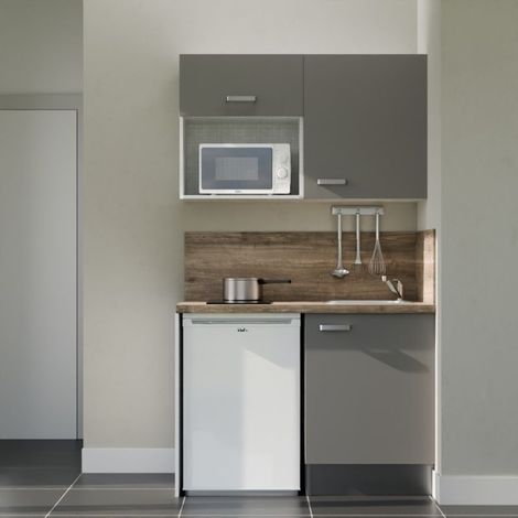 Kitchenette K07L-PT - 120 cm avec plan de travail et évier, emplacements frigo et micro-ondes - Façade Gris - Plan Bois - Evier Inox - Crédences Oui (1/5)