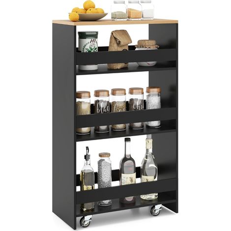 Slim Rolling Storage Cart with Charging Station, 4-Tier, Black