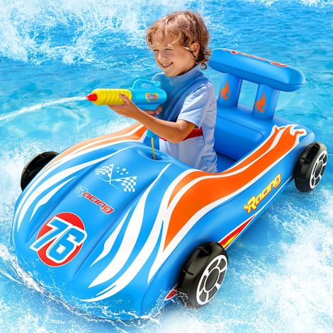 Bouée gonflable en forme de voiture de course avec pistolet à eau - Amusante à chevaucher pour les enfants de 4 à 8 ans, jouet de piscine d'été pour garçons et filles