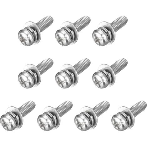 M3 x 10mm Vis à tête plate Phillips en acier inoxydable 304 combinées avec rondelle Grower et rondelles plates 10 pièces (1/5)