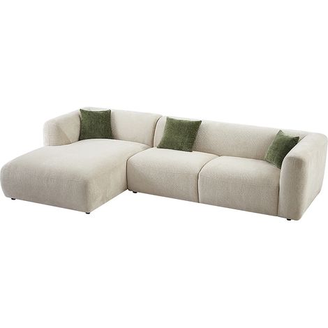 Vente-Unique – Canapé d'angle gauche convertible 5 places – Tissu 100% polyester beige – Structure bois – Coussins déhoussables – Longueur 307 cm (1/5)