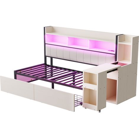 Letto multifunzione 90 x 200 cm bianco con vani, scrivania, prese e LED (1/5)