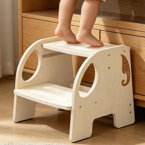 Marchepied pour Enfant, Antidérapant Portables Tabouret Marche Pied Bois 2 Marches Stable Marche Pied Enfant Charge Maximale 150kg, Deux Hauteurs Réglables, pour Salle de Bain et Cuisine, Éléphant (1/5)