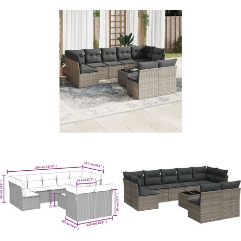 10-tlg. Garten-Sofagarnitur mit Kissen Grau Poly Rattan - Gartenmöbel Set - PE-Rattan Möbel - Outdoor Sofa - Esstisch - Lounge Set - Home & Living (1/3)