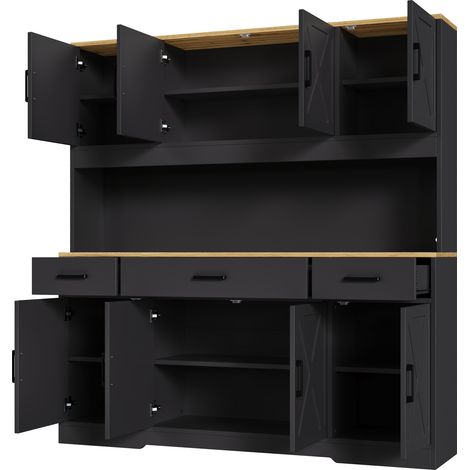 Hohe Anrichte 150 x 40 x 180 cm mit LED, USB-Anschlüssen und Glashaltern, schwarz, Eichenoptik (1/5)