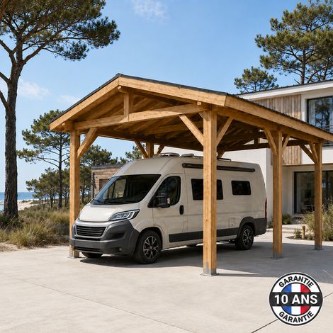 Carport camping car 2 pentes en bois douglas 24 m², 6 poteaux avec pieds de poteaux fixes. Abri voiture extérieur. Garantie 10 ans. (1/5)