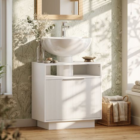 Meuble sous-évier avec 2 portes rainurées et compartiment ouvert pour évier sans colonne, 60 x 33 x 63 cm, blanc (1/5)